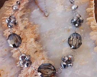 CHAPS Black Smokey Grey Beaded Bling Necklace Vintage  18"- 21"