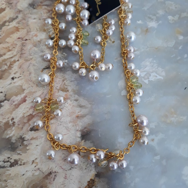 Faux Pearl Crystal Necklace and Bracelet Set NOS/Cookie Lee Faux Pearl Crystal Necklace and Bracelet Set