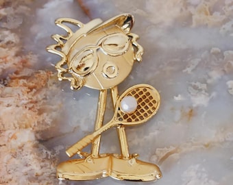 AJC Lady Tennis Bobble Body Faux Pearl Gold Tone Brooch