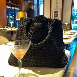 Black Luxe Handwoven Neoprene Tote Bag - Lightweight, Water Resistant & Stylish with Matching Clutch - Everyday Bag