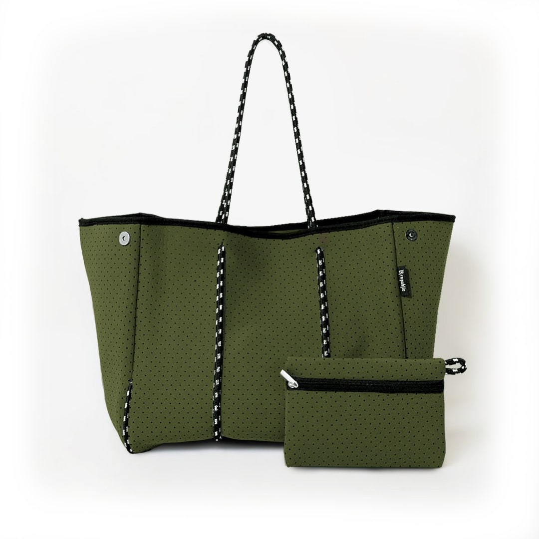 Military Green Neoprene Tote Bag With Matching Pouch – Stylish