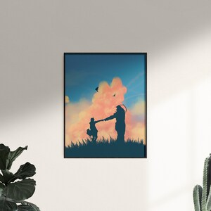 May include: Silhouette of a person holding the hand of a child, walking in a field with a large pink cloud in the background. The sky is blue with a few birds flying.
