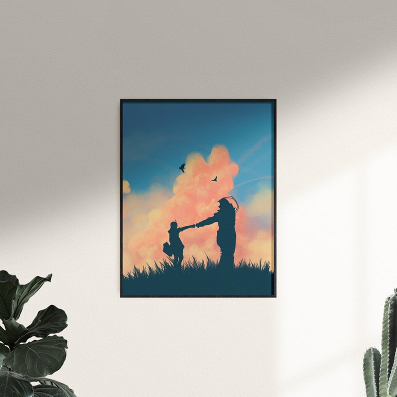 May include: Silhouette of a person holding the hand of a child, walking in a field with a large pink cloud in the background. The sky is blue with a few birds flying.