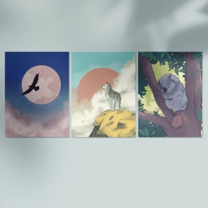 May include: Three digital art prints featuring a black bird flying in front of a pink moon, a wolf standing on a mountain, and a koala sleeping on a tree branch.