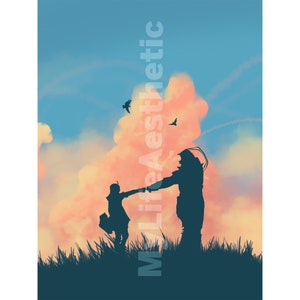 May include: Silhouette of two people holding hands and walking towards a sunset with a pink and blue sky. There are birds flying in the sky.