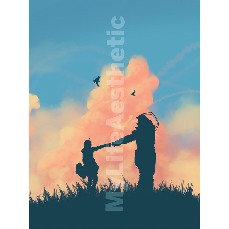 May include: Silhouette of two people holding hands and walking towards a sunset with a pink and blue sky. There are birds flying in the sky.