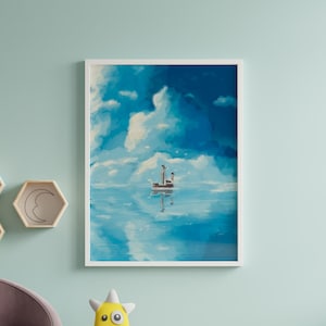 Puede incluir: Una pintura de un velero en un mar azul tranquilo con nubes blancas en el cielo.