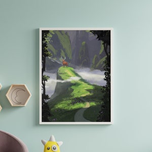 Deer In forest Painting Wall Art Print - Anime Room Aesthetic Poster