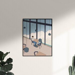 May include: A digital illustration of a couple sitting at a table in a cafe with large windows. The cafe has a view of a cloudy sky. The couple is sitting at a table with a cup of coffee and a plate of food. The cafe is decorated with hanging lights.