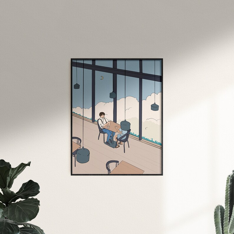 May include: A digital illustration of a couple sitting at a table in a cafe with large windows. The cafe has a view of a cloudy sky. The couple is sitting at a table with a cup of coffee and a plate of food. The cafe is decorated with hanging lights.