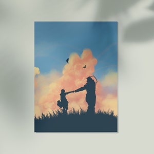 May include: Silhouette of two people holding hands and walking towards a pink and orange sunset. The sky is blue with a few white clouds.