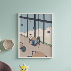 May include: A digital illustration of a couple sitting at a table in a cafe with a large window view. The cafe has a modern design with black metal chairs and a light wood table. The couple is sitting facing each other and there are several hanging lights above them.