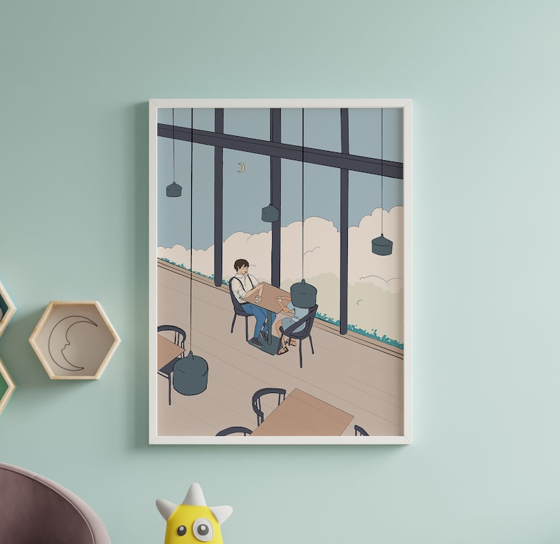 May include: A digital illustration of a couple sitting at a table in a cafe with a large window view. The cafe has a modern design with black metal chairs and a light wood table. The couple is sitting facing each other and there are several hanging lights above them.