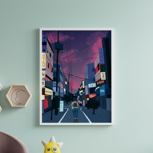 Puede incluir: Una ilustraci&oacute;n digital de una persona caminando por una calle de una ciudad por la noche. La calle est&aacute; bordeada de edificios con letreros en coreano. El cielo es morado y hay estrellas en el cielo.