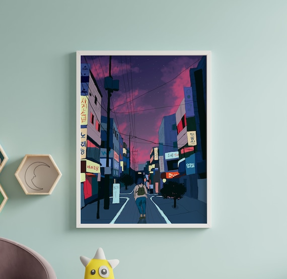 Travel to Seoul City Streets Tourist Wall art Print | Cyberpunk Aesthetic Room Decor Poster