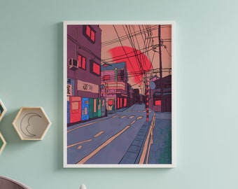 May include: A digital illustration of a Japanese street scene with a red sun setting in the background. The street is lined with buildings and vending machines. The text "毎" is visible on one of the buildings.