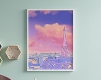 Paris Anime Aesthetic city Wall Art poster |  France Kawaii Indie Room decor print