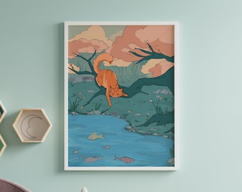 Orange Cat Art Print | Kawaii Japanese Aesthetic Wall Art | Funny Cat Hunter Home Decor Print