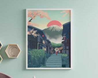 impression d'art murale vintage de village japonais | Tableau Mont Fuji