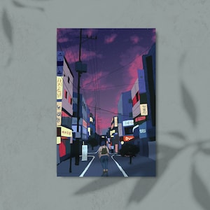 Puede incluir: Una ilustraci&oacute;n digital de una persona caminando por una calle de una ciudad por la noche. La calle est&aacute; bordeada de edificios con letreros en coreano. El cielo es de un morado vibrante con nubes rosadas.