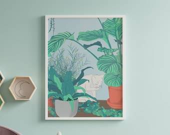 Kawaii Cat in Botanic Garden | Lofi Anime-Inspired Wall Art Print