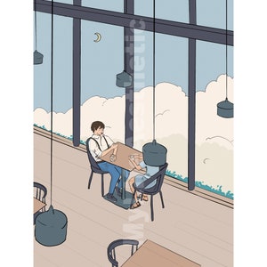 May include: A couple sit at a table in a cafe with a view of clouds and a crescent moon. The cafe has large windows and hanging light fixtures.