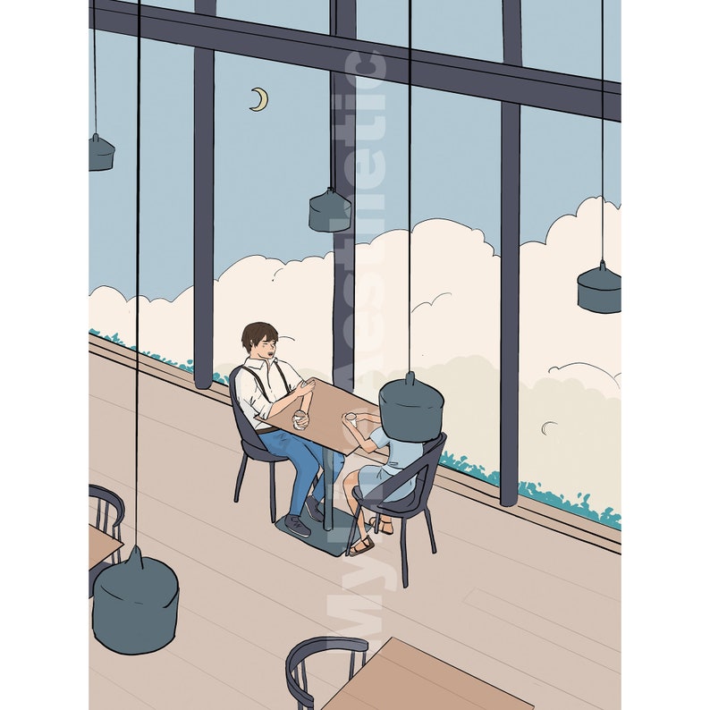 May include: A couple sit at a table in a cafe with a view of clouds and a crescent moon. The cafe has large windows and hanging light fixtures.