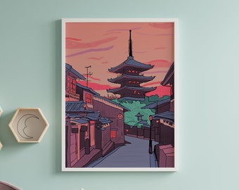 Lofi Japan Aesthetic Poster | Kyoto Street Wall Decor print  | Lofi Anime Room Decor Poster