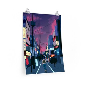 Puede incluir: Una ilustraci&oacute;n digital de una persona caminando por una calle en una ciudad por la noche. La calle est&aacute; bordeada de edificios y farolas. El cielo es de un rosa y un morado vibrantes. Los edificios tienen letreros en coreano.