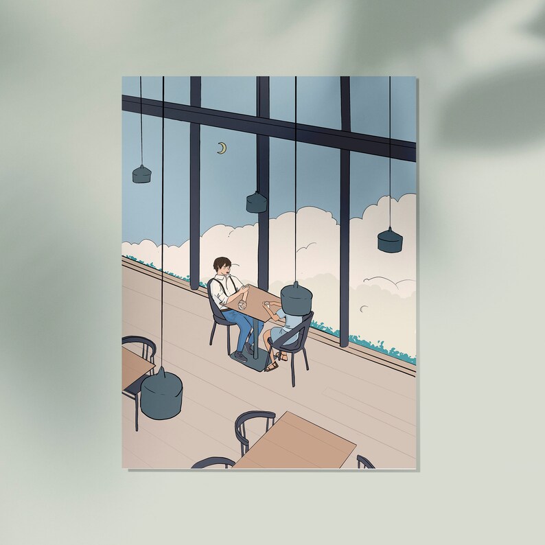 May include: A couple sit at a table in a cafe with a view of clouds and a crescent moon through large windows. The cafe has a light wood floor and black chairs.