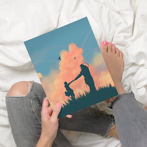May include: A digital illustration of two silhouettes of people holding hands, standing in a field of grass against a sunset sky with pink and orange clouds.