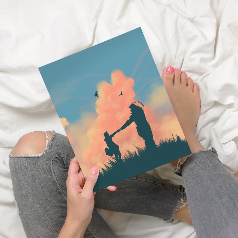May include: A digital illustration of two silhouettes of people holding hands, standing in a field of grass against a sunset sky with pink and orange clouds.