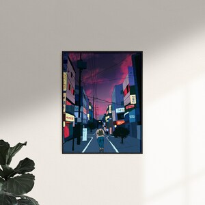 Puede incluir: Una ilustraci&oacute;n digital de una persona caminando por una calle de la ciudad al atardecer. La calle est&aacute; bordeada de edificios y farolas. El cielo es de un morado y rosa vibrantes.