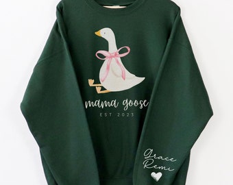 Mama Goose Sweatshirt,Mama Goose Sweater with Kid Names on Sleeve,Silly Goose Sweatshirt,Pregnancy Shirt Bow,Personalized Gift for Mom