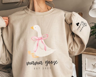 Mama Goose Sweatshirt,Mama Goose Sweater with Kid Names on Sleeve,Silly Goose Sweatshirt,Pregnancy Shirt Bow,Personalized Gift for Mom