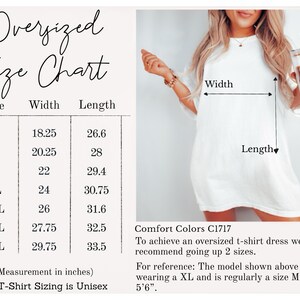 Peut inclure: Tableau des tailles de t-shirt surdimensionn&eacute; avec des mesures en pouces pour les tailles S &agrave; 4XL. Le tableau indique la largeur et la longueur de chaque taille. Le texte "Comfort Colors C1717" est &eacute;galement inclus, ainsi que des instructions pour obtenir une coupe surdimensionn&eacute;e. Le mannequin porte une taille XL et mesure 1,68 m.