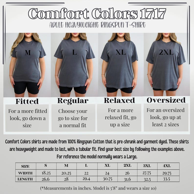 Puede incluir: Imagen de una camiseta Comfort Colors 1717 para adultos, de tejido ringspun de alta gramaje. La imagen muestra cuatro modelos con la camiseta en tallas M, L, XL y 2XL. El ancho de la camiseta var&iacute;a de 46,35 cm a 75,57 cm.