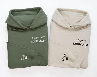 She's My Soulmate I Don't Know Him Couples Hoodies,Custom Couple Hoodie,Custom Initial Heart Hoodie,Valentine's Day Gift for Husband