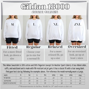 Puede incluir: Sudadera Gildan 18000 blanca con opciones de talla M, L, XL y 2XL. La imagen incluye una tabla de tallas con medidas en pulgadas, incluyendo un ancho de 50.8 cm para la talla S y 86.4 cm para la talla 5XL.