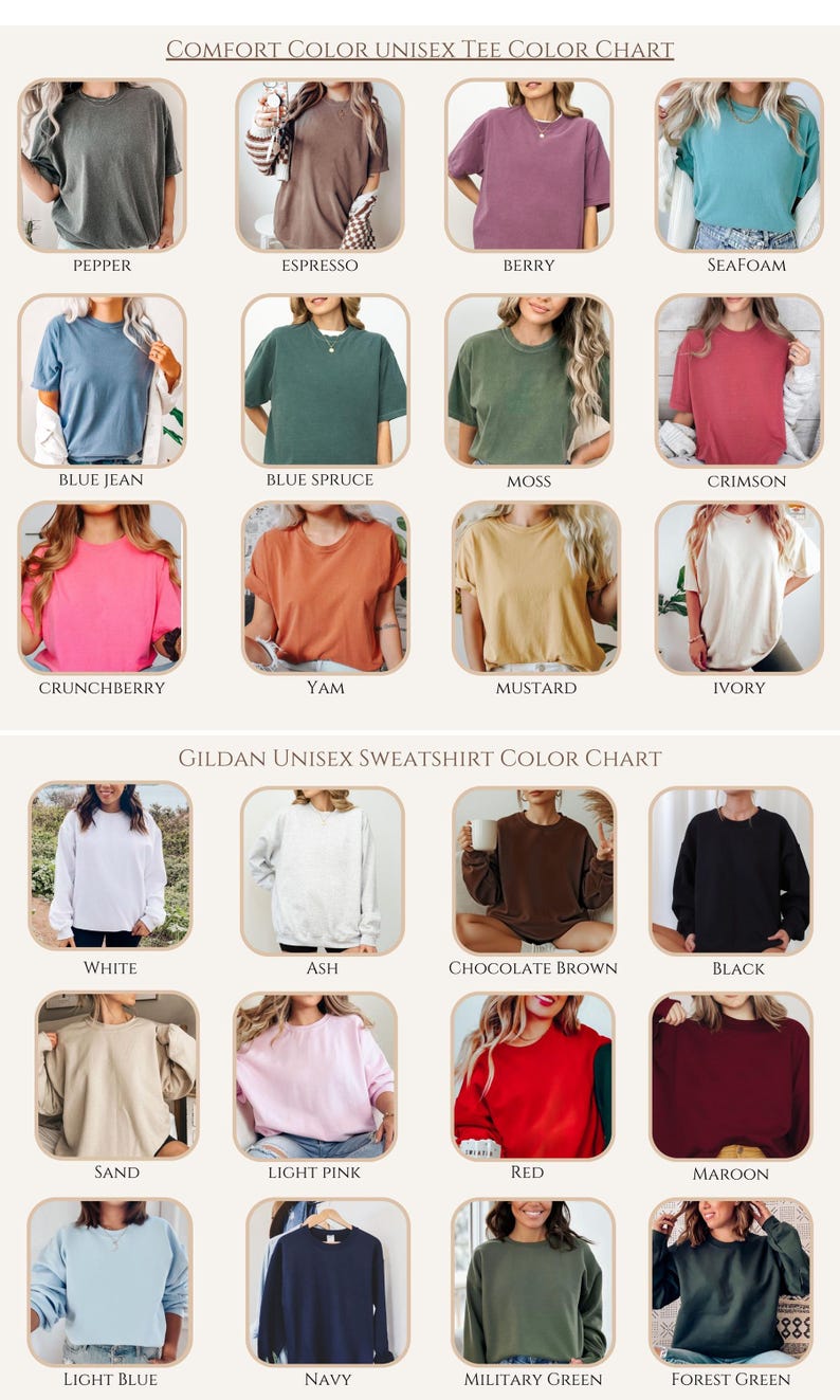 K&ouml;nnte beinhalten: Farbtabelle mit Comfort Colors Unisex-T-Shirts und Gildan Unisex-Sweatshirts. Die T-Shirts sind in Farben wie Pepper, Espresso und Berry erh&auml;ltlich. Sweatshirts gibt es in Wei&szlig;, Aschgrau und Schokoladenbraun. Die Tabelle zeigt verschiedene Farben.