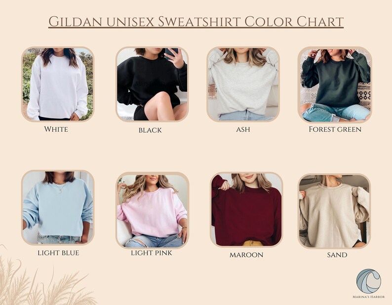 Peut inclure: Nuancier de couleurs montrant diff&eacute;rentes couleurs de sweat-shirts unisexes Gildan. Les couleurs incluent le blanc, le noir, le gris cendr&eacute;, le vert for&ecirc;t, le bleu clair, le rose clair, le bordeaux et le sable.