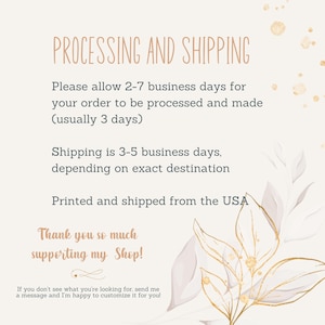 May include: A cream-colored graphic with the text "PROCESSING AND SHIPPING" in a light brown font. The text below details processing and shipping times, and thanks customers for their support. Floral and gold accents decorate the image.