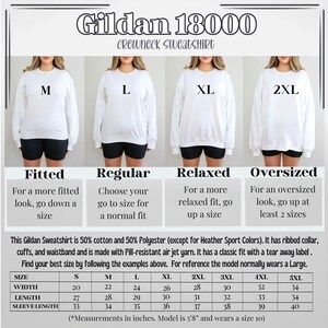 May include: White Gildan 18000 crewneck sweatshirt with size options M, L, XL, and 2XL. The image includes a size chart with measurements in inches, including a width of 20 inches for size S and 34 inches for size 5XL.