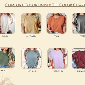 Peut inclure: Nuancier de huit couleurs de t-shirts unisexes&nbsp;: ivoire, moutarde, patate douce, poivre, mousse, bleu glacier, orchid&eacute;e et cramoisi.