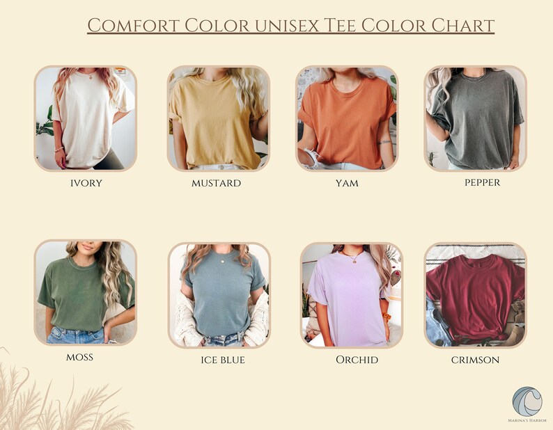Peut inclure: Nuancier de huit couleurs de t-shirts unisexes&nbsp;: ivoire, moutarde, patate douce, poivre, mousse, bleu glacier, orchid&eacute;e et cramoisi.