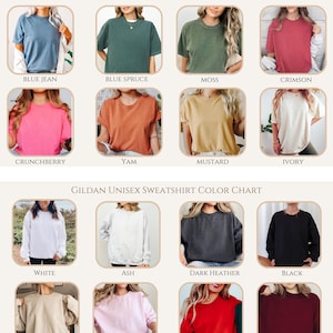 Op de afbeelding: Kleurenkaart met Comfort Color unisex T-shirts en Gildan unisex sweatshirts. De T-shirtkleuren zijn Pepper, Espresso, Berry, Seafoam, Blue Jean, Blue Spruce, Moss, Crimson, Crunchberry, Yam, Mustard en Ivory. De sweatshirtkleuren zijn White, Ash, Dark Heather, Black, Sand, Light Pink, Red, Maroon, Light Blue, Navy, Military Green en Forest Green.