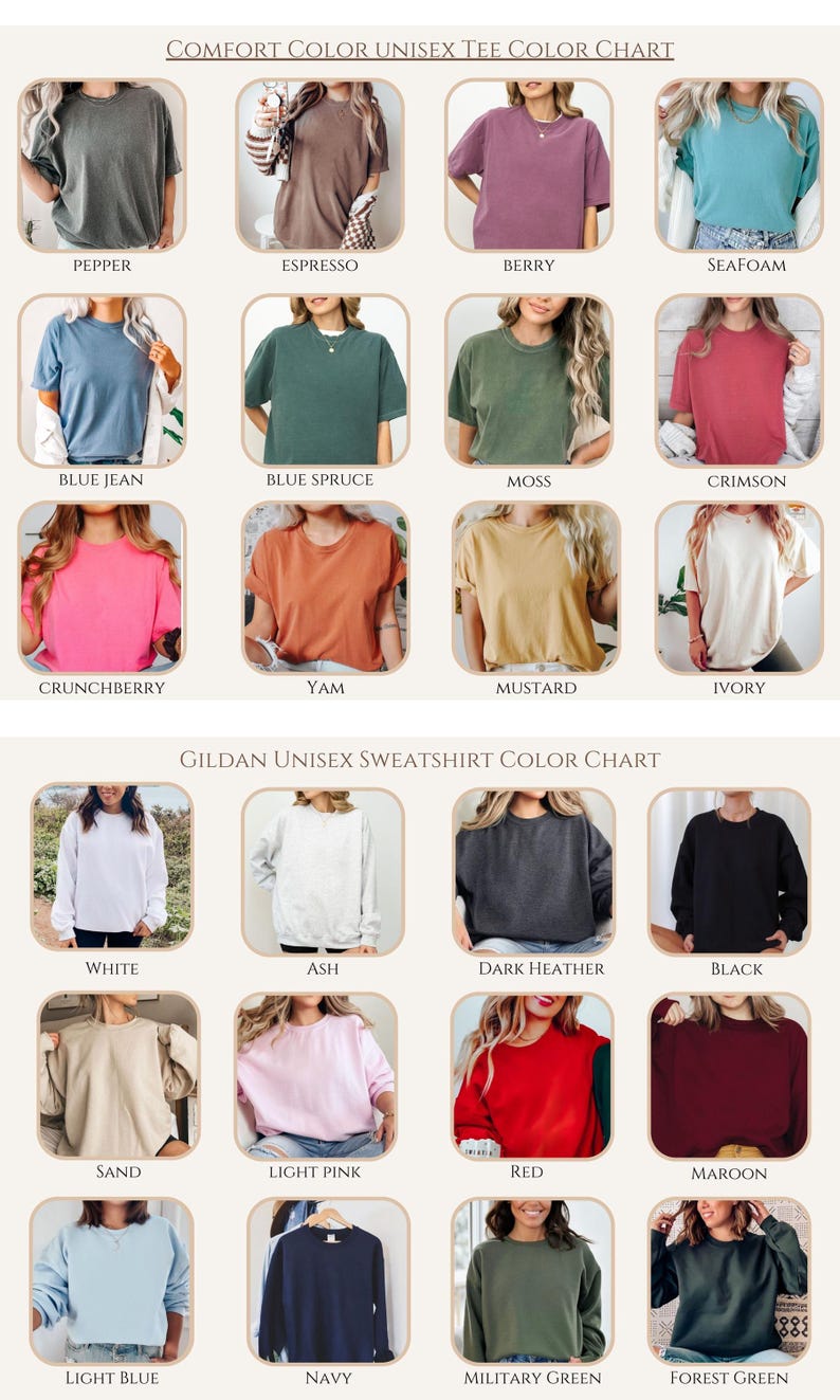 Op de afbeelding: Kleurenkaart met Comfort Color unisex T-shirts en Gildan unisex sweatshirts. De T-shirtkleuren zijn Pepper, Espresso, Berry, Seafoam, Blue Jean, Blue Spruce, Moss, Crimson, Crunchberry, Yam, Mustard en Ivory. De sweatshirtkleuren zijn White, Ash, Dark Heather, Black, Sand, Light Pink, Red, Maroon, Light Blue, Navy, Military Green en Forest Green.