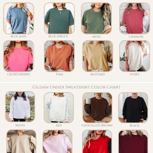 May include: Color chart featuring Comfort Colors unisex tees and Gildan unisex sweatshirts. The tee colors include Pepper, Espresso, Berry, Seafoam, Blue Jean, Blue Spruce, Moss, Crimson, Crunchberry, Yam, Mustard, and Ivory. Sweatshirt colors include White, Ash, Chocolate Brown, Black, Sand, Light Pink, Red, Maroon, Light Blue, Navy, Military Green, and Forest Green.