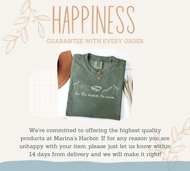 May include: Olive green t-shirt with the text "tis the season to swim" and a graphic of swimming goggles and a swimmer. The word "HAPPINESS" is written in a decorative font above the shirt.