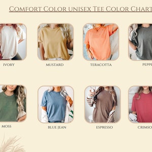 Peut inclure: Nuancier de couleurs pour t-shirts unisexes, pr&eacute;sentant dix couleurs diff&eacute;rentes&nbsp;: ivoire, moutarde, terre cuite, poivre, mousse, jean bleu, expresso, cramoisi, et plus. Le nuancier comprend le nom de chaque couleur.
